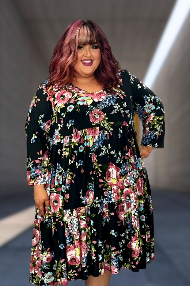 86 PQ-K {Stop To Smell The Roses} Black Floral Print Tiered Dress EXTENDED PLUS SIZE 3X 4X 5X