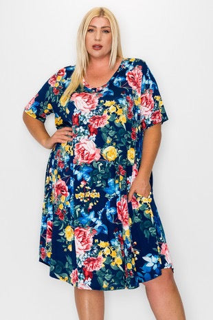 11 PSS-L {Love Like Mine} Navy Floral V-Neck Dress EXTENDED PLUS SIZE 3X 4X 5X