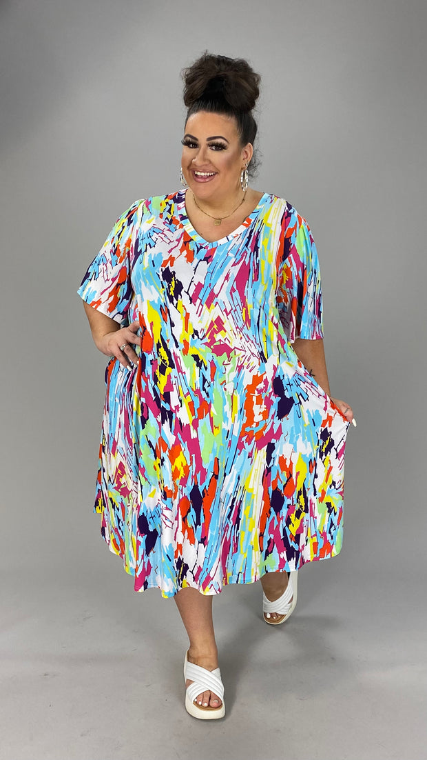 53 PSS-K {Totally Abstract} Multi Abstract V-Neck Dress EXTENDED PLUS SIZE 3X 4X 5X