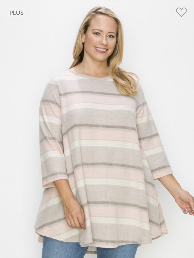 27 PQ-Z {Taking The Time} SALE!! Taupe/Peach Striped Top PLUS SIZE 1X 2X 3X