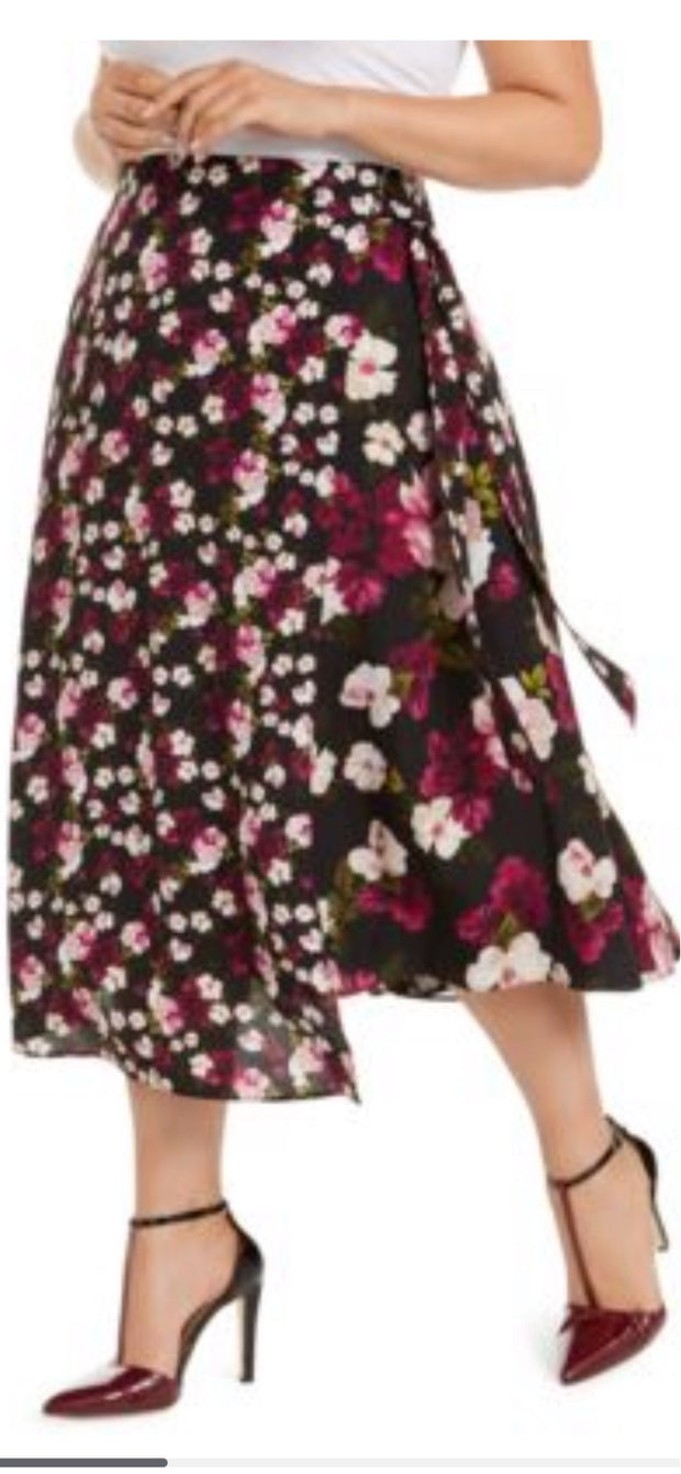 BT-Z  M-109 [Calvin Klein} Black Floral Wrap Skirt Retail 99.50 PLUS SIZE 14W 16W 18W 20W 22W