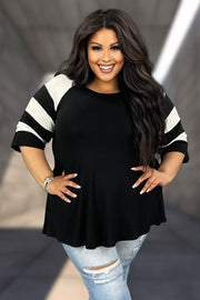 11 CP-A {Curvy Hanging Out} Black Tunic w/Striped Sleeve CURVY BRAND!!!  EXTENDED PLUS SIZE XL 2X 3X 4X 5X 6X