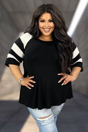 11 CP-A {Curvy Hanging Out} Black Tunic w/Striped Sleeve CURVY BRAND!!!  EXTENDED PLUS SIZE XL 2X  3X 4X 5X 6X