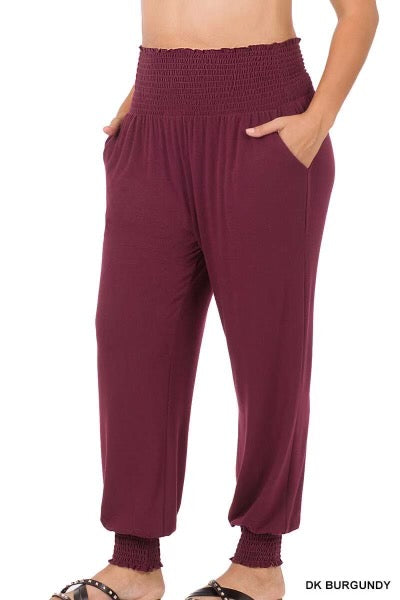 LEG-51 {Going Anywhere}  Dk. Burgundy Smocked Cuff Jogging Pants PLUS SIZE 1X 2X 3X