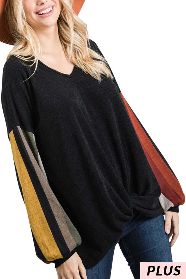 31 CP-A {Cozy Time}  Black Rust Striped Sleeve Top PLUS SIZE XL 2X 3X