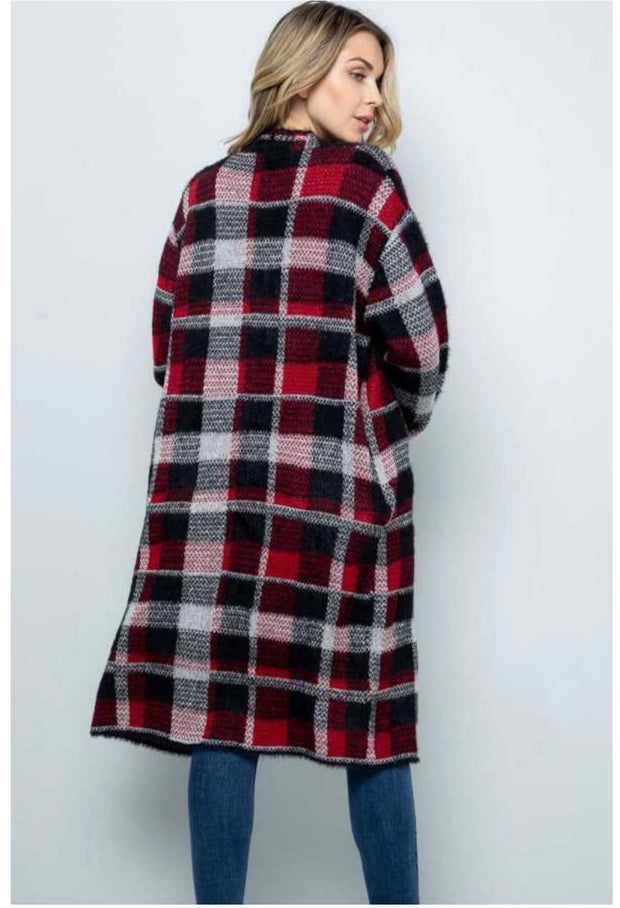 93 OT-D {Feel The Chill} Red/Black Plaid Long Cardigan SALE!!! PLUS SIZE 1X/2X  2X/3X