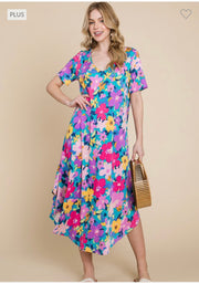 LD-B {On A Floral Note} Turquoise Floral Midi Dress PLUS SIZE 1X 2X 3X