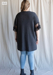 11 OT-A {Make Time For Me} Dark Charcoal Knit Cardigan w/Lace PLUS SIZE 1X 2X 3X