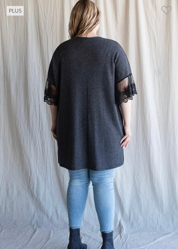 11 OT-A {Make Time For Me} Dark Charcoal Knit Cardigan w/Lace PLUS SIZE 1X 2X 3X