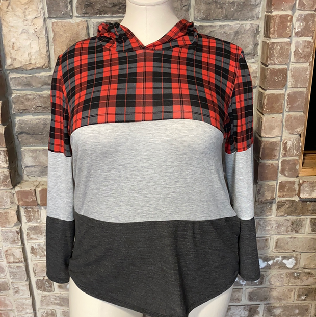 23 HD-F {In Perfect Order} Red Plaid Grey Hoodie PLUS SIZE XL 2X 3X