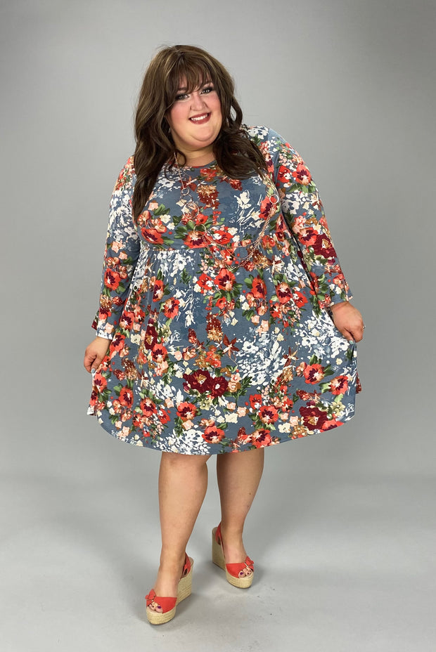 90 PQ-Q {Cool And Casual} Gray/Coral Floral Babydoll Dress EXTENDED PLUS SIZE 3X 4X 5X