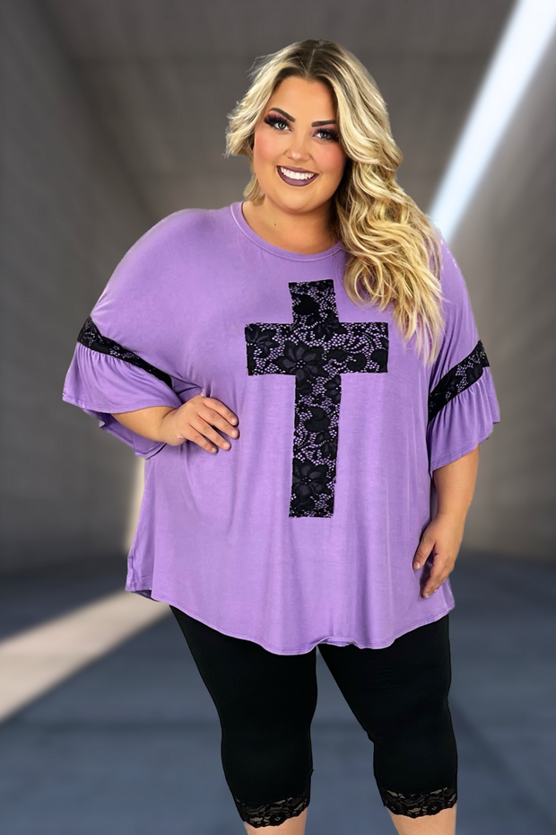 44 SD-S {At The Cross} Lilac/Black Lace Cross & Sleeve Detail Top CURVY BRAND!!!  EXTENDED PLUS SIZE XL 2X 3X 4X 5X 6X