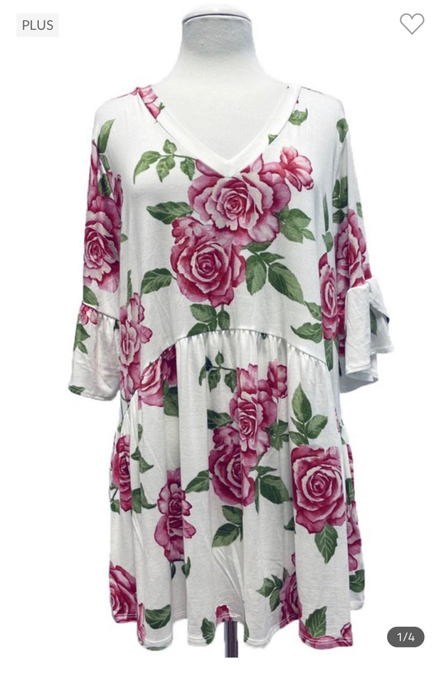 75 PSS-A {Feeling So Right} Ivory/Red Rose Print Babydoll Top