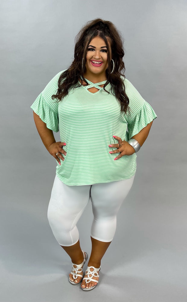 63 PSS-S {Colorful Life}  SALE! Mint Striped Criss-Cross Top PLUS SIZE XL 2X 3X