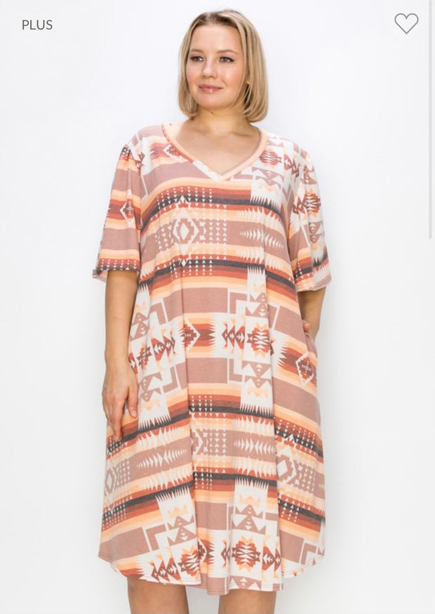 26 PSS-Z {Free Spirits} Rust Aztec Print V-Neck Dress EXTENDED PLUS SIZE 3X 4X 5X