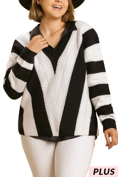 56 PLS-B {Insider Information} "Umgee"  Black/White Sweater PLUS SIZE XL 1X 2X SALE!!!