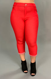 BIN 99 Capri Red Jeggings Rhinestone  Button Detail PLUS SIZE 1X 2X 3X