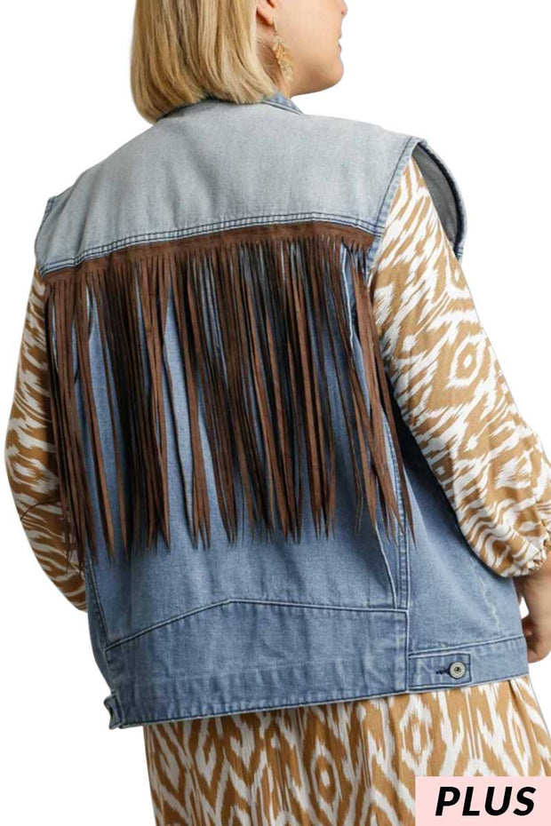 20 OT-U {Little Fringe} Umgee Denim Vest w/Brown Fringe PLUS SIZE XL 1X 2X SALE!!