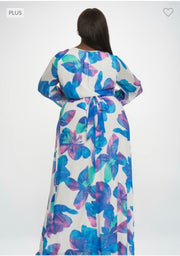 LD-Z {Let Me Tell You} White/Blue Floral Lined Maxi Dress PLUS SIZE 1X 2X 3X