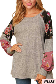 72 CP-E {Good Decision} Heather Grey Black Floral Top PLUS SIZE XL 2X 3X