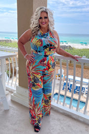 LD-N {Lovely Babe} Tropical Print Halter Jumpsuit PLUS SIZE XL 2X 3X