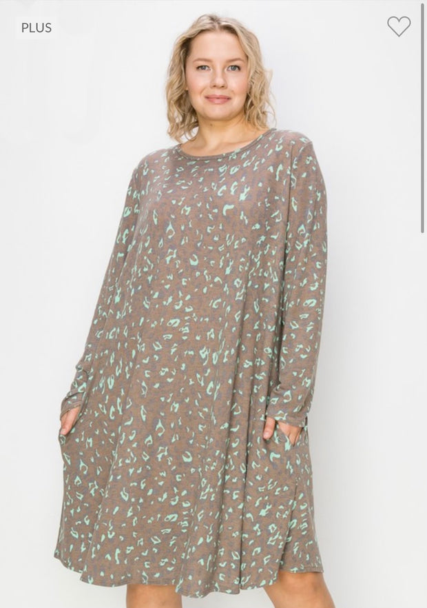 19 PLS-F {Work For It} Brown/Mint Animal Print Dress SALE!!! EXTENDED PLUS SIZE 3X 4X 5X