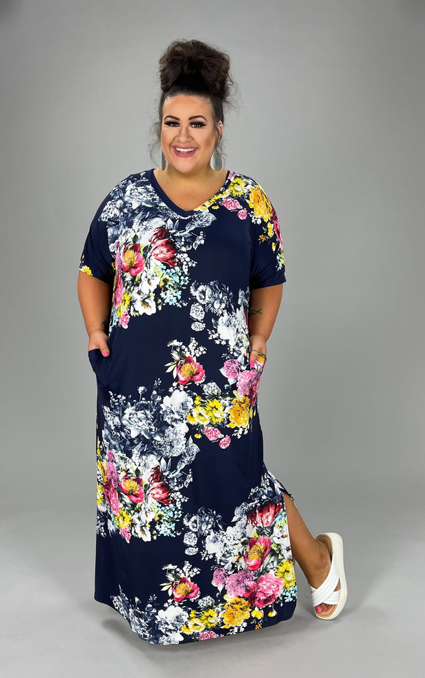 LD-V {Romance Awaits} Navy Floral V-Neck Long Dress EXTENDED PLUS SIZE 3X 4X 5X