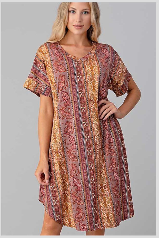 PSS-A {Gypsy Vibes} SALE!! Mustard, Brown Multi Paisley Print Dress PLUS SIZE 1X 2X 3X