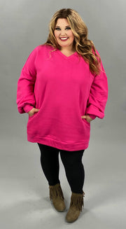 41 SLS-N [COZY DAYS} Fuchsia V-Neck Tunic with Pockets PLUS SIZE XL 2X 3X