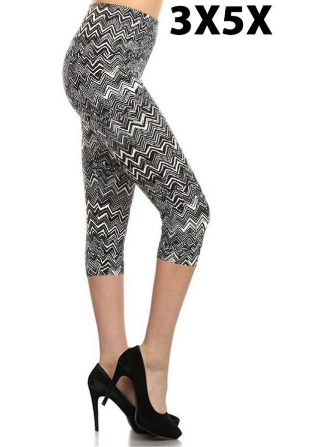 LEG-15  {You Zig, I Zag} Black & White Zig Zag Butter Soft Capri Leggings EXTENDED PLUS SIZE 3X/5X