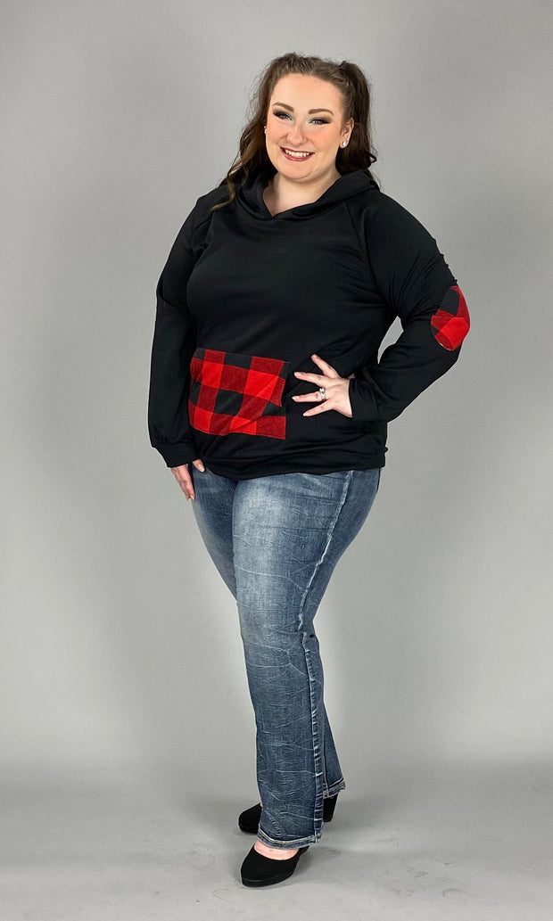 37 HD-B {Feelings For You} Black Red Plaid Detail Hoodie SALE!!! PLUS SIZE XL 2X 3X