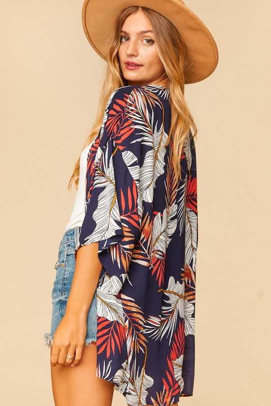 41 OT-A {Show You How} Navy Leaf Print Kimono PLUS SIZE XL 2X 3X