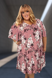 53 PSS-J {Waiting For You} Mauve Floral Print V-Neck Dress EXTENDED PLUS SIZE 3X 4X 5X