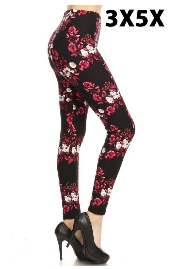 LEG-35  {Fresh As A Flower} Black Floral Print Leggings EXTENDED PLUS SIZE 3X/5X