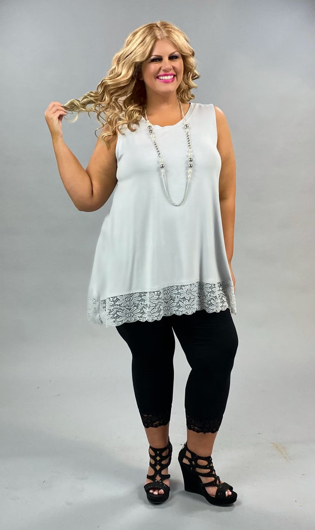 FLASH SALE!! SV-B (Right For You) Grey Mist Sleeveless Tunic With Lace Hem PLUS SIZE 1X 2X 3X