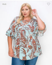 22 PQ-M {See For Yourself} Mint Paisley Caged Neck Tunic CURVY BRAND!!! EXTENDED PLUS SIZE 4X 5X 6X