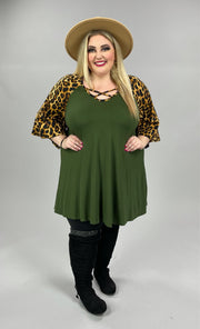 22 CP-K {Cross It Off} OLIVE Leopard Criss-Cross Tunic Extended Plus Size 1X 2X 3X