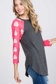 46 GT-A {Flirty Feelings} Charcoal With Pink Heart Sleeve Top PLUS SIZE XL 2X 3X