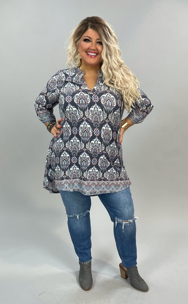 19 PQ-A {Fancy Findings} Charcoal Print Top W/Tab Sleeves PLUS SIZE XL 2X 3X