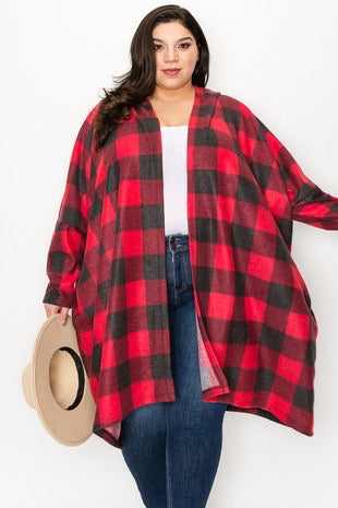 56 OT-H {Never A Worry} Red Plaid Hooded Cardigan EXTENDED PLUS SIZE 3X 4X 5X