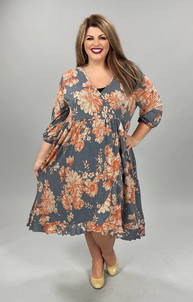 27 PQ-B {Live On The Edge} Gray/Rust Print Dress W/Ruffle PLUS SIZE 1X 2X 3X