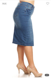 BT-W {Out on The Town} Blue Wash Denim Mid Length Skirt PLUS SIZE XL 2X 3X