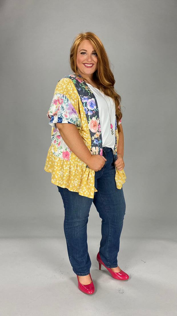 85 OT-A {Committed Floral} Yellow Floral Short Kimono PLUS SIZE XL 2X 3X