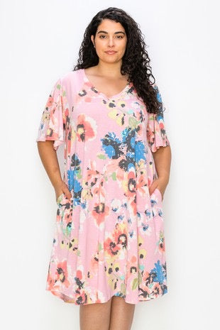 58 PSS-Z {Looks Like Good Times} Pink Floral V-Neck Dress PLUS SIZE XL 2X 3X