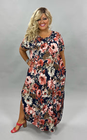 LD-T {Love Simply} Navy Floral V-Neck Long Dress PLUS SIZE 1X 2X 3X