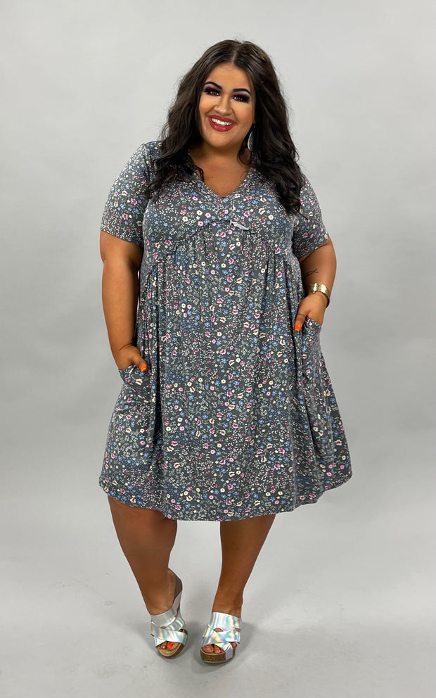 91 OR 87 PSS-F {The Next Chapter} Grey Floral V-Neck Dress PLUS SIZE 1X 2X 3X  SALE!!!