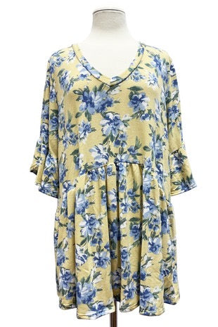31 PSS-O {Joy Of Dressing} Yellow/Blue Floral Babydoll Top EXTENDED PLUS SIZE 3X 4X 5X