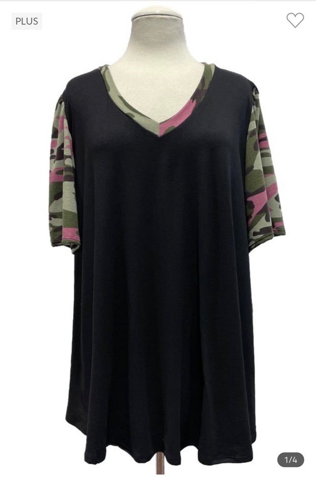 79 CP-A {Camo Cool} Black/Camo Print V-Neck Top EXTENDED PLUS SIZE 3X 4X 5X