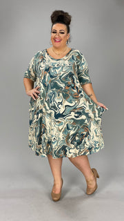 74 PSS-W {Swirls Of Blue}  Blue Swirl Print V-Neck Dress EXTENDED PLUS SIZE 3X 4X 5X