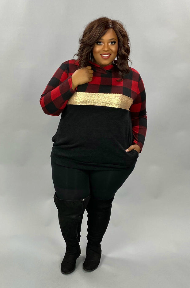 21 HD-G {Meet You There} Red Black Plaid Contrast Hoodie PLUS SIZE XL 2X 3X